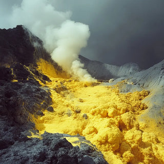 Natural sulfur deposits steaming near a volcanic crater, showcasing bright yellow sulfur formations and dark volcanic rock under a moody sky